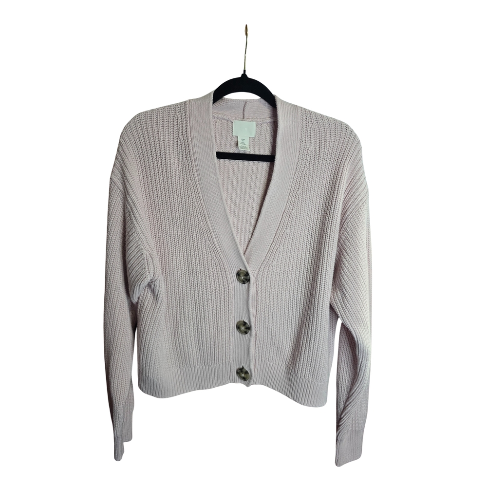 H&M Light Pink Cropped Cardigan Sweater Knit Button Up Cozy Top S/M